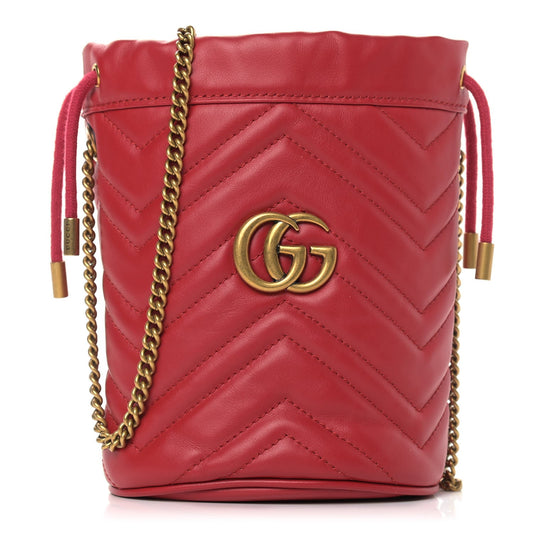 Gucci Calfskin Matelasse Mini GG Marmont 2.0 Bucket Bag Hibiscus Red