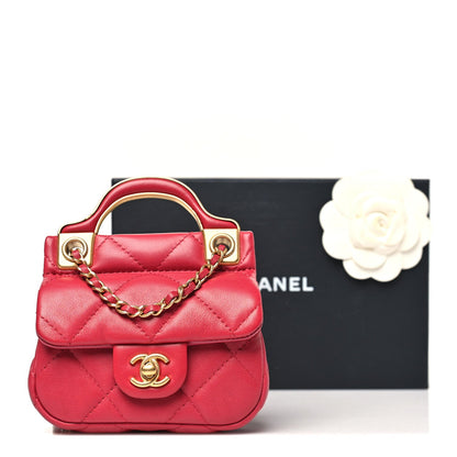 Chanel Calfskin Quilted Lady Handle Flap Card Holder With Chain Dark Pink