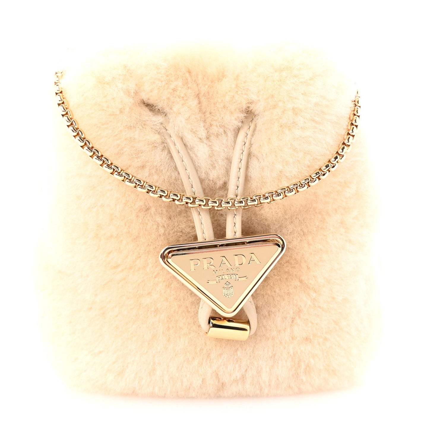 Prada Shearling Metal Triangle Logo Mini Drawcord Pouch Shoulder Bag Ecru