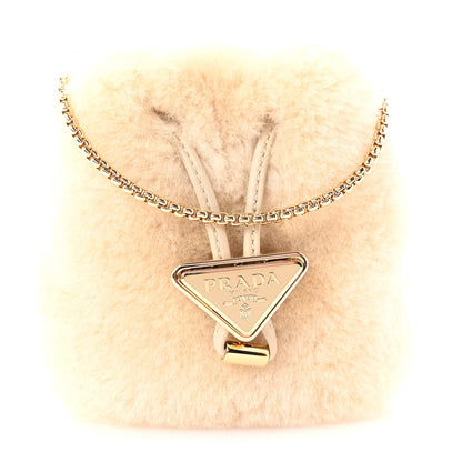 Prada Shearling Metal Triangle Logo Mini Drawcord Pouch Shoulder Bag Ecru