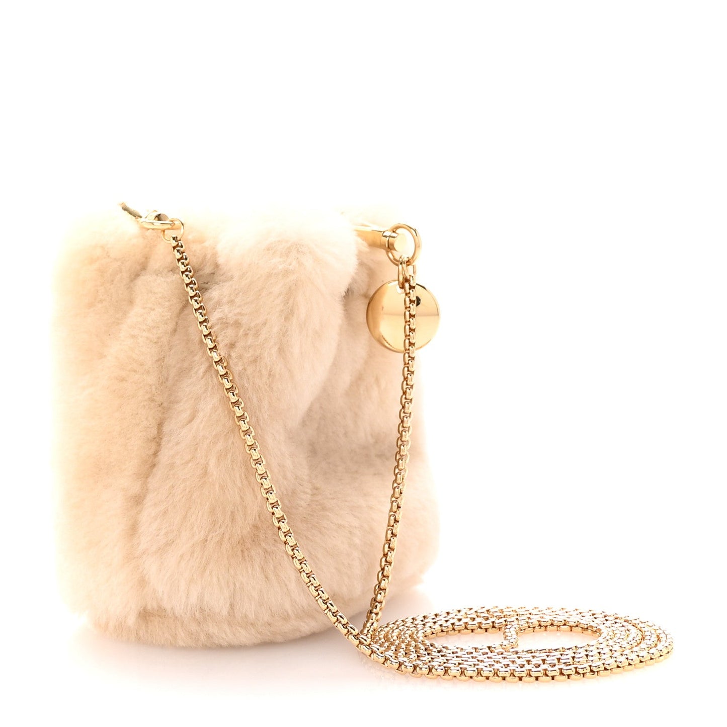 Prada Shearling Metal Triangle Logo Mini Drawcord Pouch Shoulder Bag Ecru