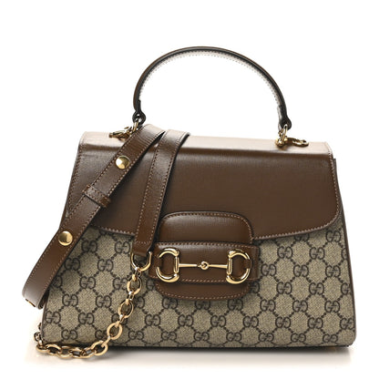 Gucci GG Supreme Monogram Calfskin Medium Horsebit 1955 Top Handle Bag Beige Ebony Brown Sugar
