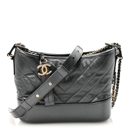 Chanel Metallic Aged Calfskin Chevron Quilted Small Gabrielle Hobo Dark Grey