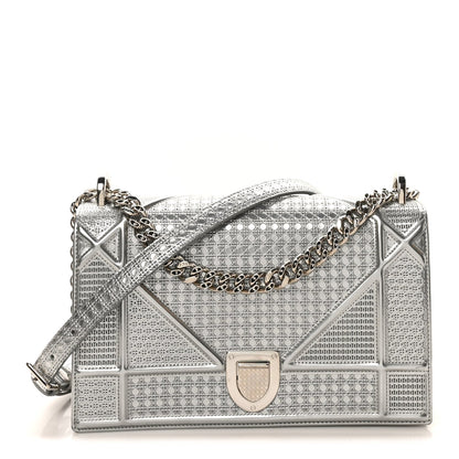 Christian Dior Metallic Patent Micro-Cannage Medium Diorama Flap Bag Silver