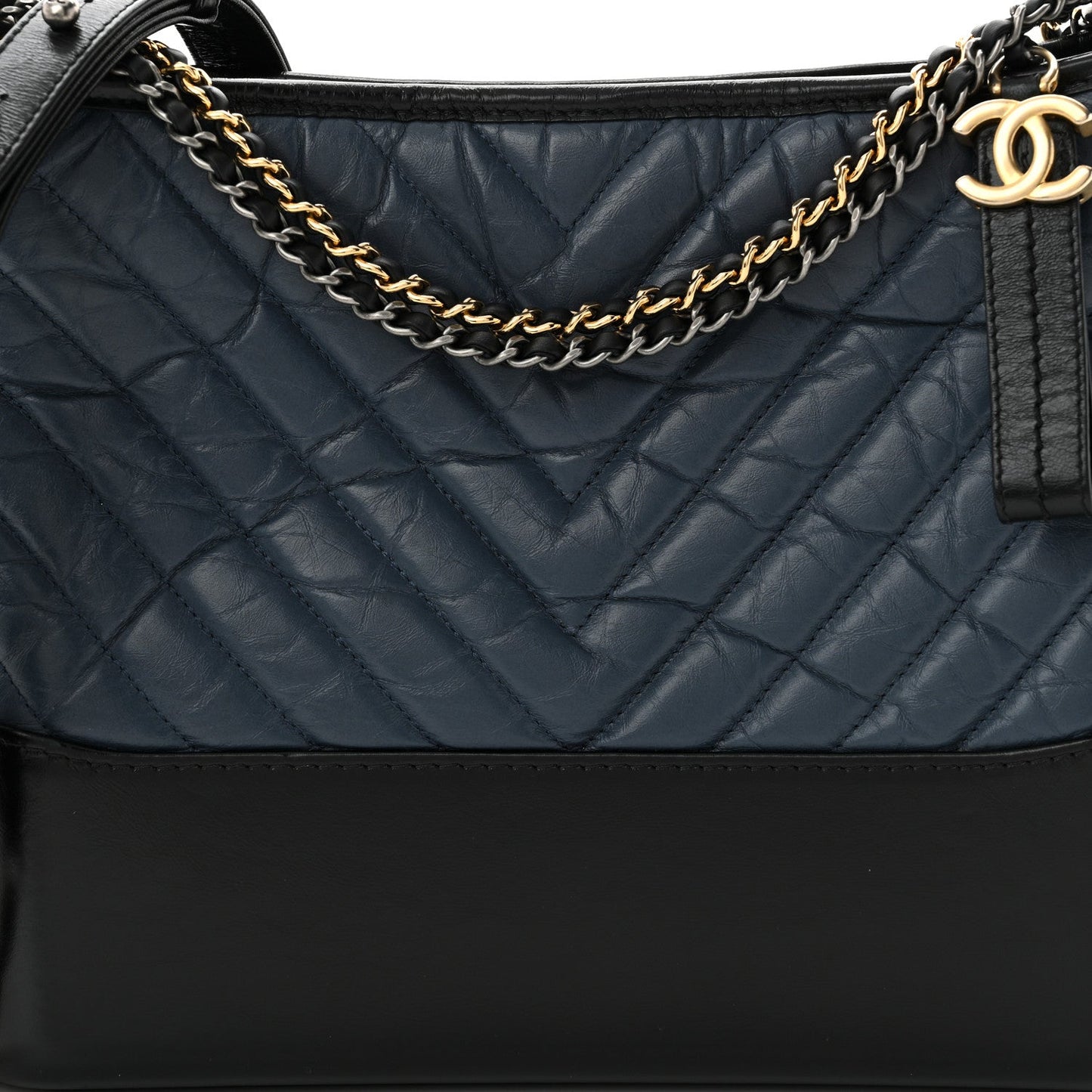 Chanel Aged Calfskin Chevron Quilted Medium Gabrielle Hobo Navy Black