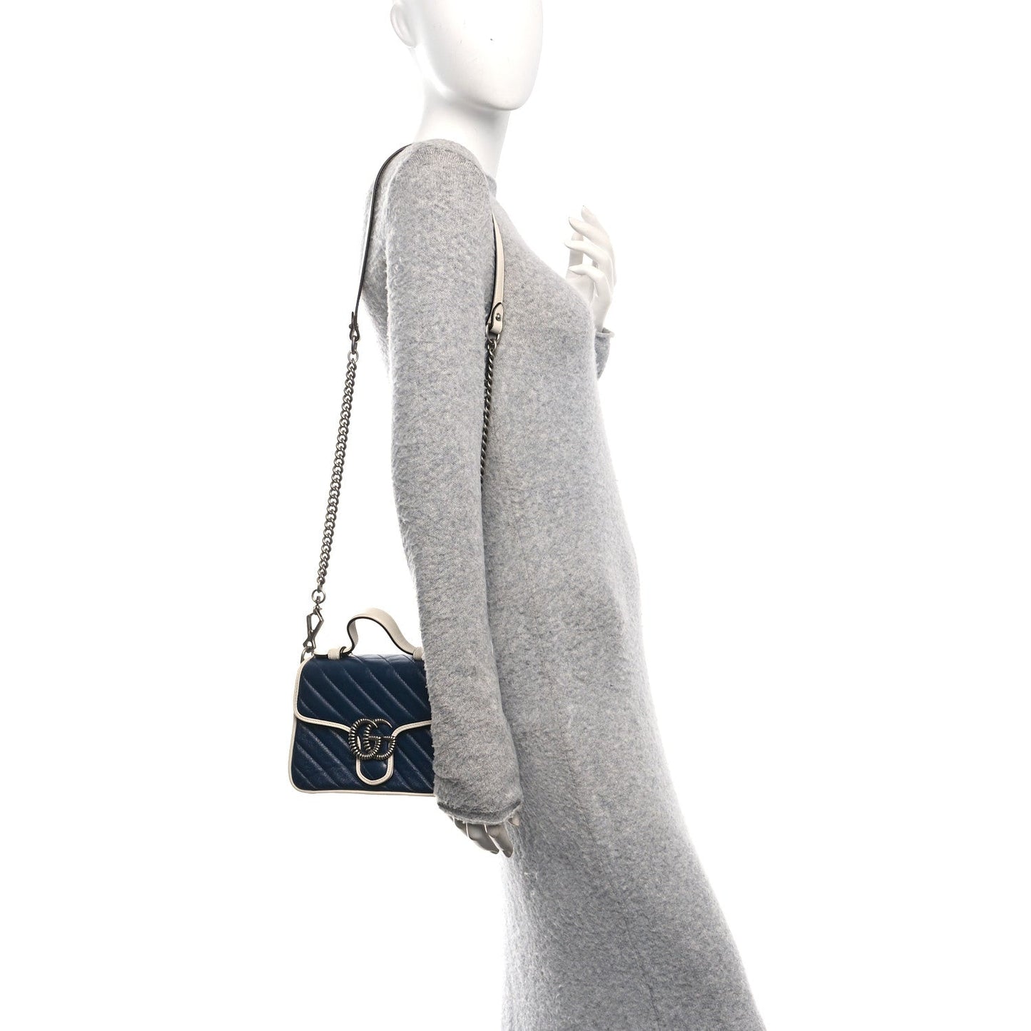 Gucci Vintage Effect Calfskin Matelasse Diagonal Mini Torchon GG Marmont Top Handle Shoulder Bag Blue Agata Mystic White