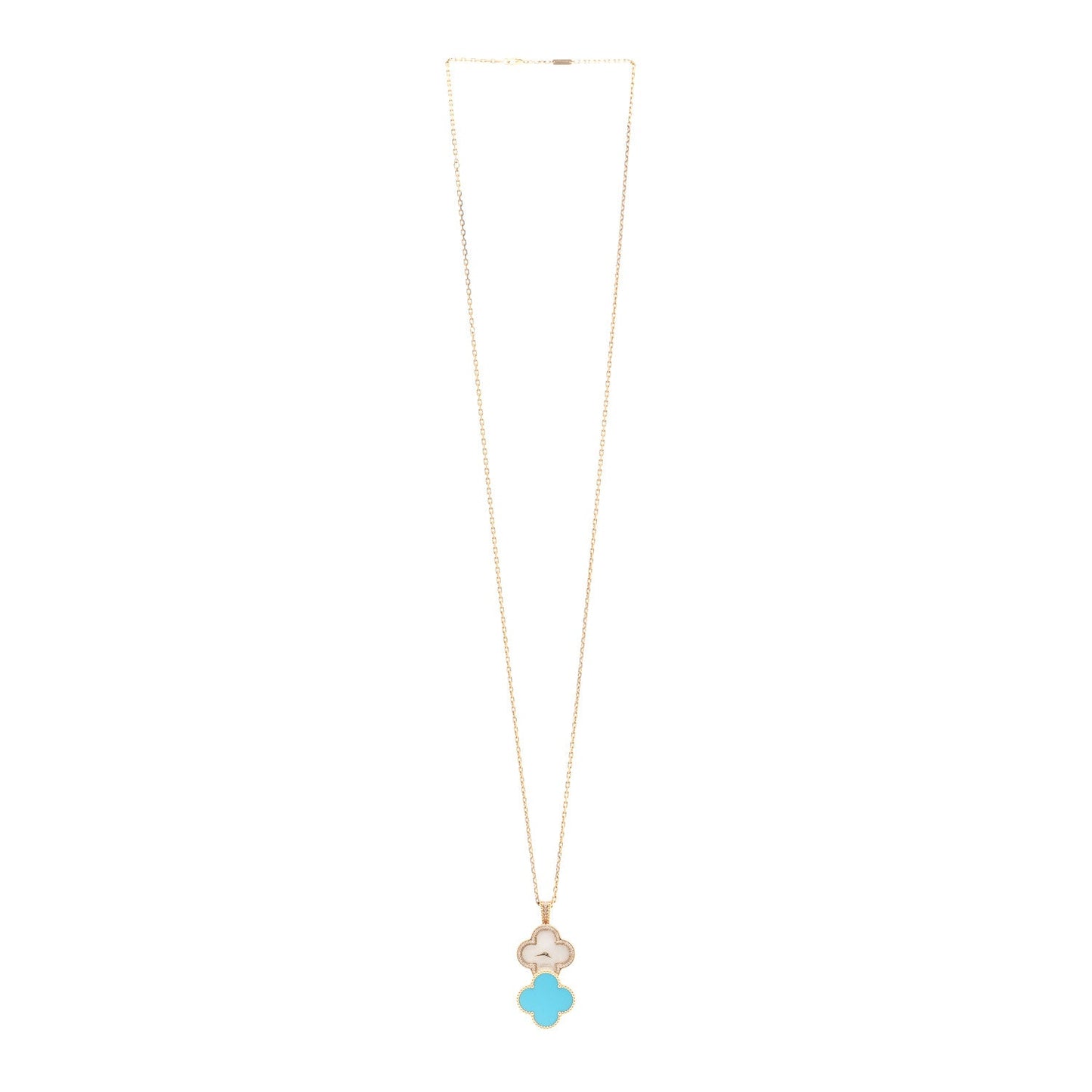 Van Cleef & Arpels 18K Yellow Gold Diamond Turquoise Mother of Pearl 28mm Alhambra Secret Pendant Quartz Watch