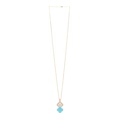 Van Cleef & Arpels 18K Yellow Gold Diamond Turquoise Mother of Pearl 28mm Alhambra Secret Pendant Quartz Watch