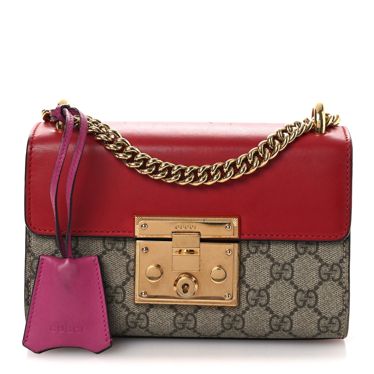 Gucci GG Supreme Monogram Calfskin Small Padlock Shoulder Bag Beige Hibiscus Red New Rosette