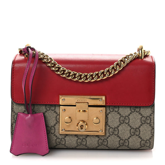 Gucci GG Supreme Monogram Calfskin Small Padlock Shoulder Bag Beige Hibiscus Red New Rosette