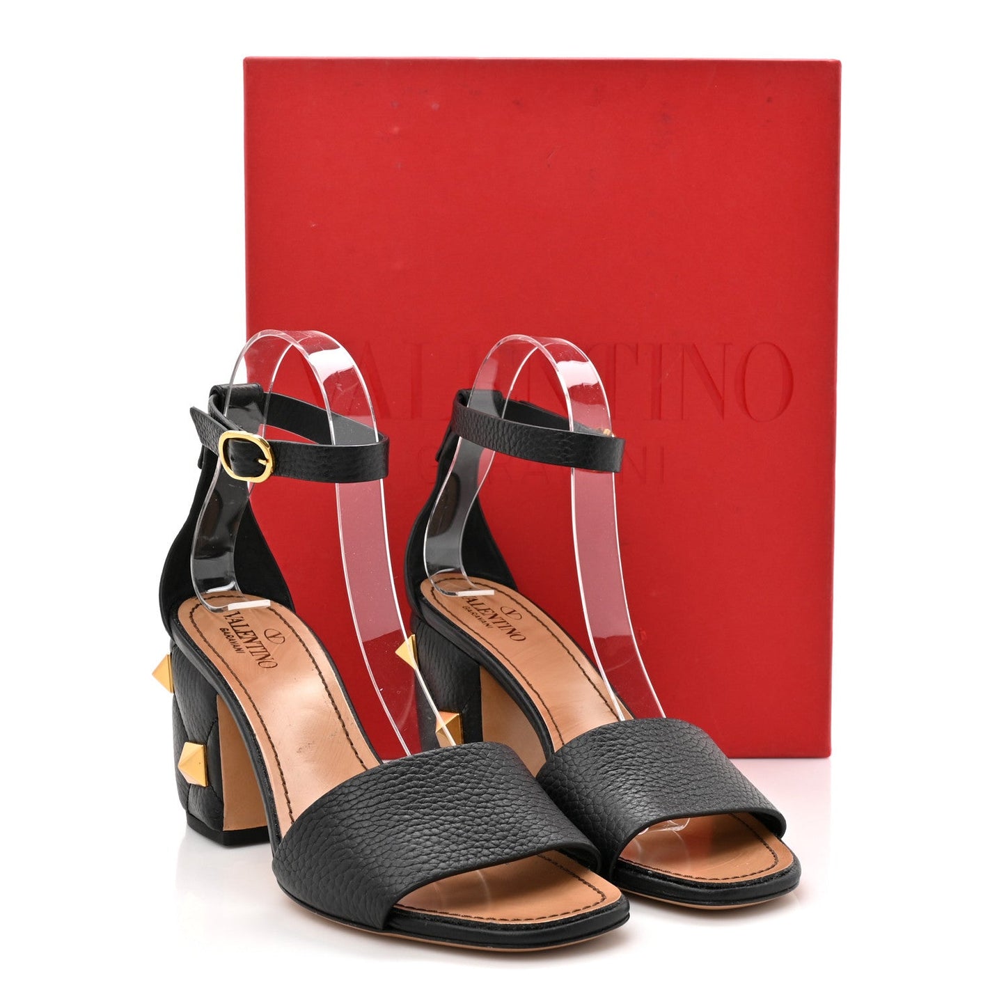 Valentino Garavani Grained Calfskin Roman Stud Ankle Strap 75mm Sandals 37 Black
