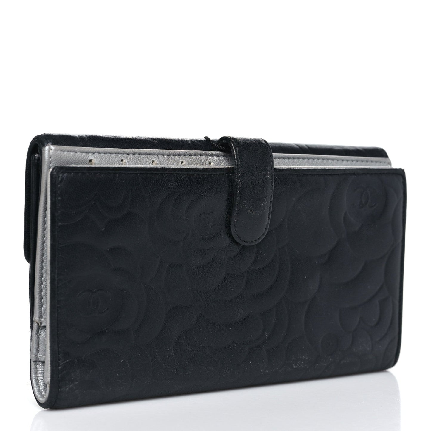 Chanel Lambskin Camellia Embossed Long Double Wallet Black