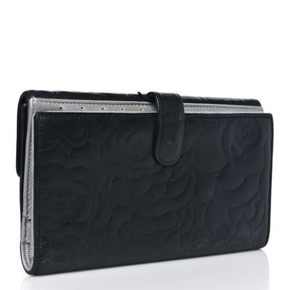 Chanel Lambskin Camellia Embossed Long Double Wallet Black