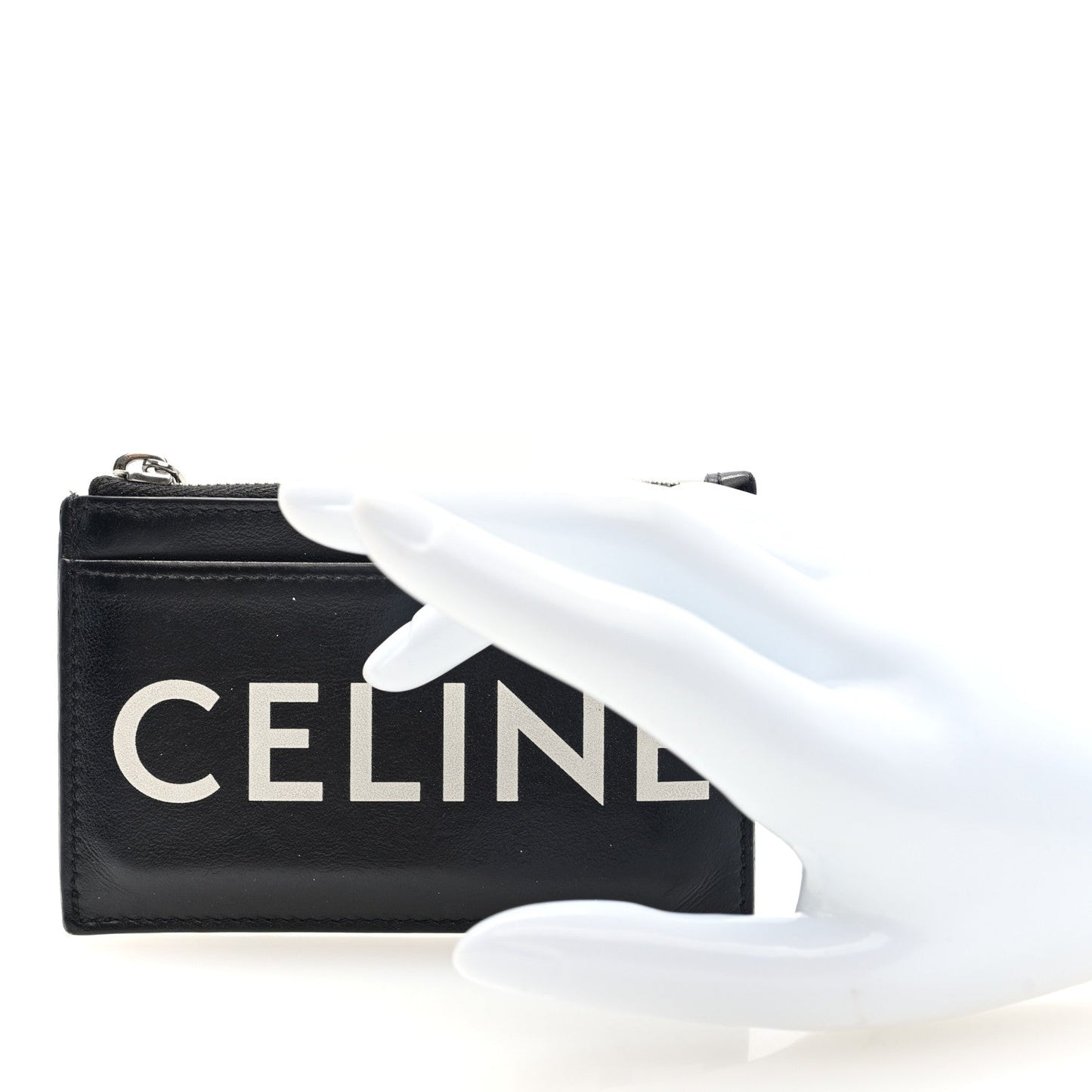 Celine Smooth Lambskin Zip Logo Card Holder Black White