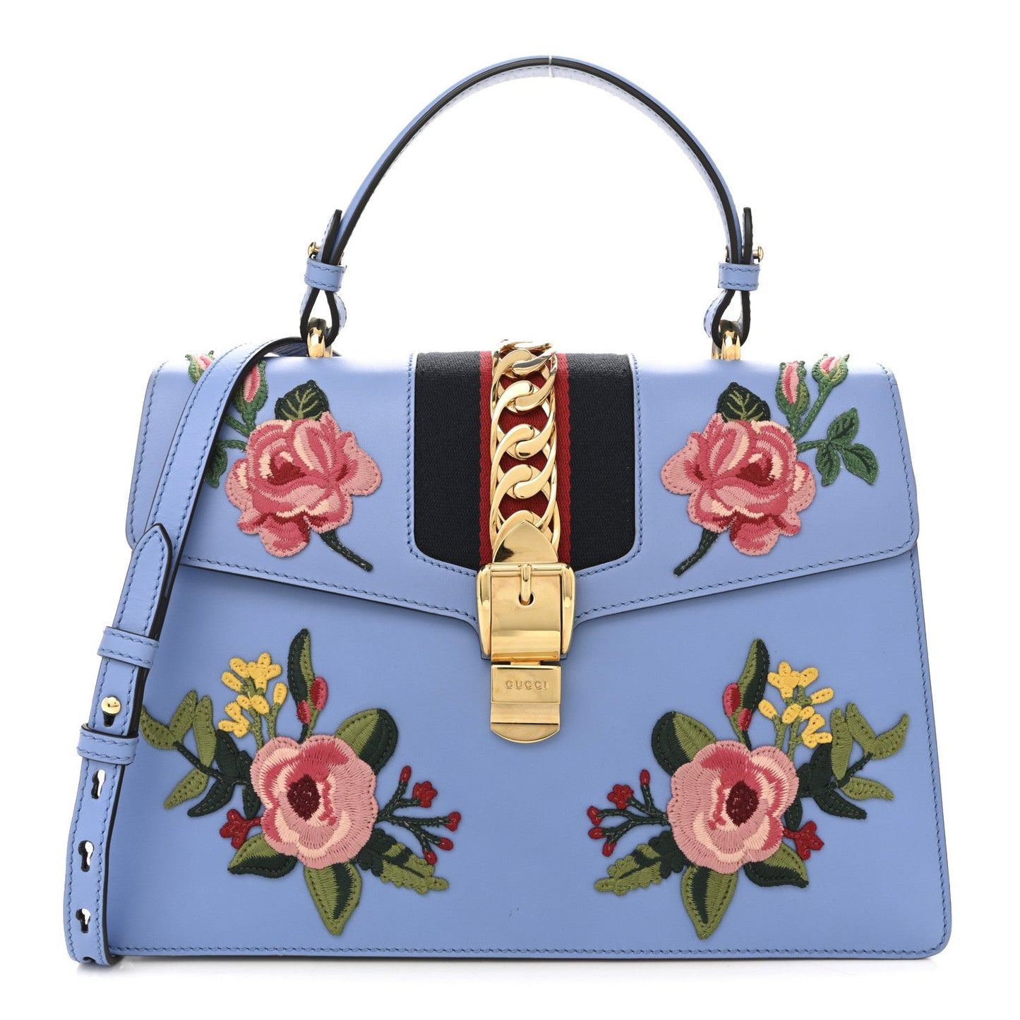Gucci Calfskin Embroidered Medium Sylvie Top Handle Bag Clear Sky Blue
