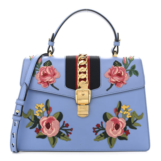 Gucci Calfskin Embroidered Medium Sylvie Top Handle Bag Clear Sky Blue