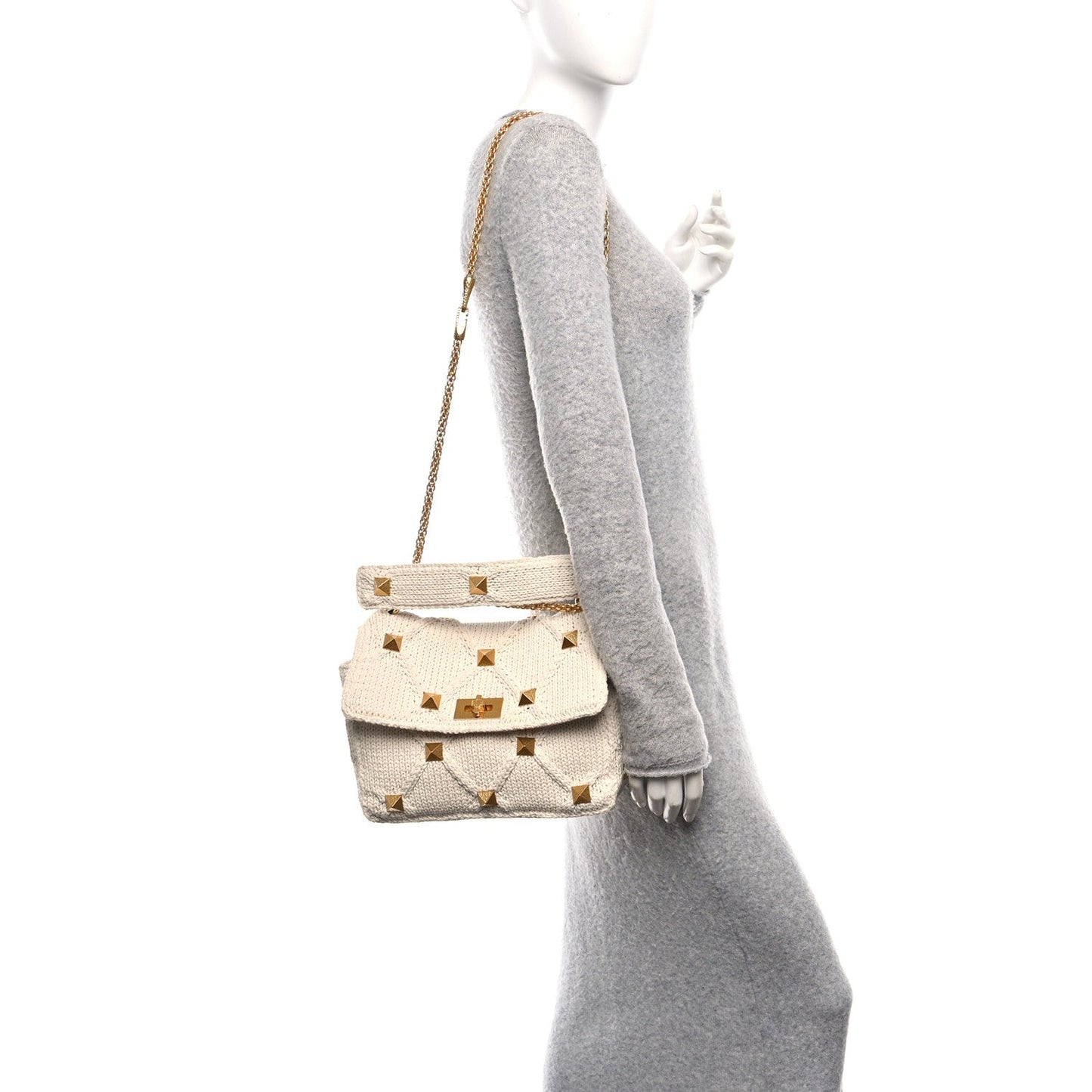 Valentino Garavani Knit Large Roman Stud Shoulder Bag Ecru