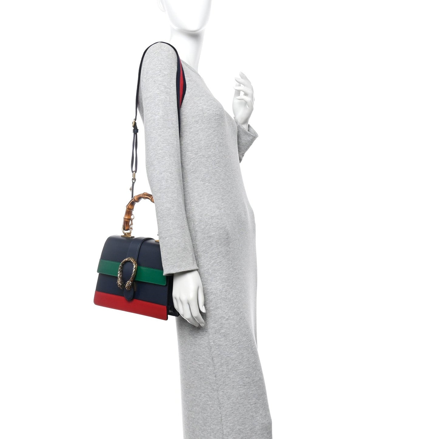 Gucci Moon Calfskin Web Medium Dionysus Bamboo Top Handle Bag Black Bright Evergreen Hibiscus Red