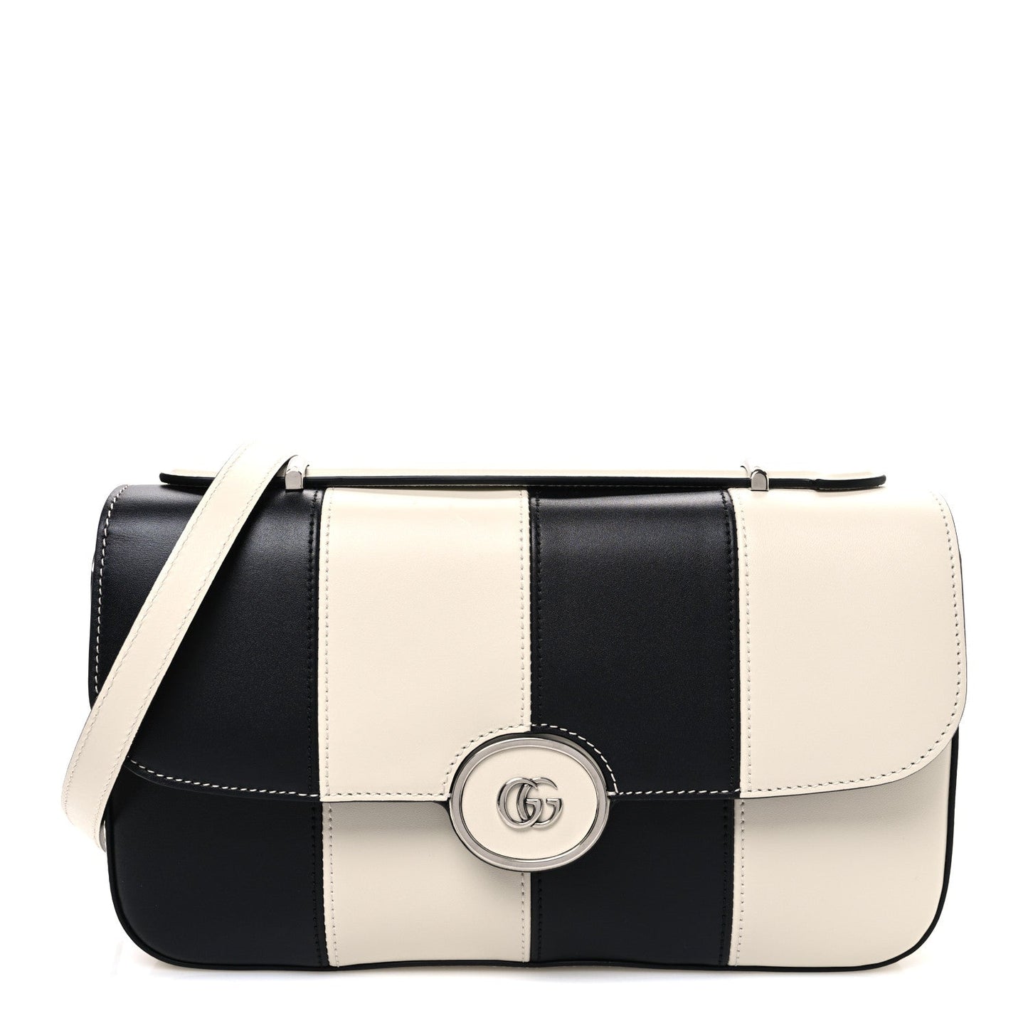 Gucci Senna Calfskin Lines Petite GG Top Handle Shoulder Bag Black Mystic White