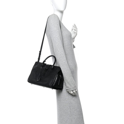 Saint Laurent Calfskin Crocodile Embossed Small Monogram Cabas Black