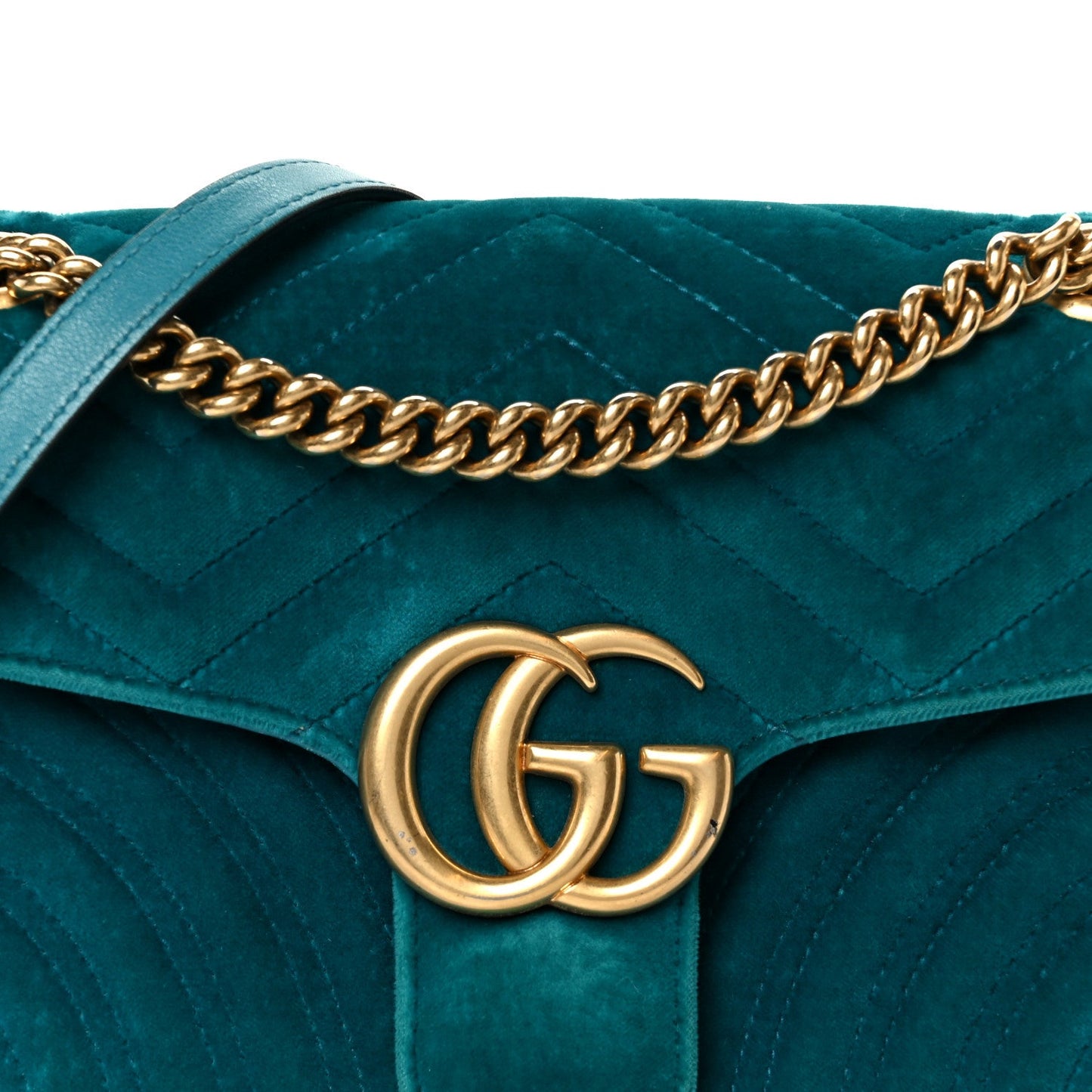 Gucci Velvet Matelasse Small GG Marmont Shoulder Bag Pavone Cyan