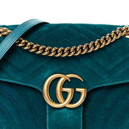 Gucci Velvet Matelasse Small GG Marmont Shoulder Bag Pavone Cyan