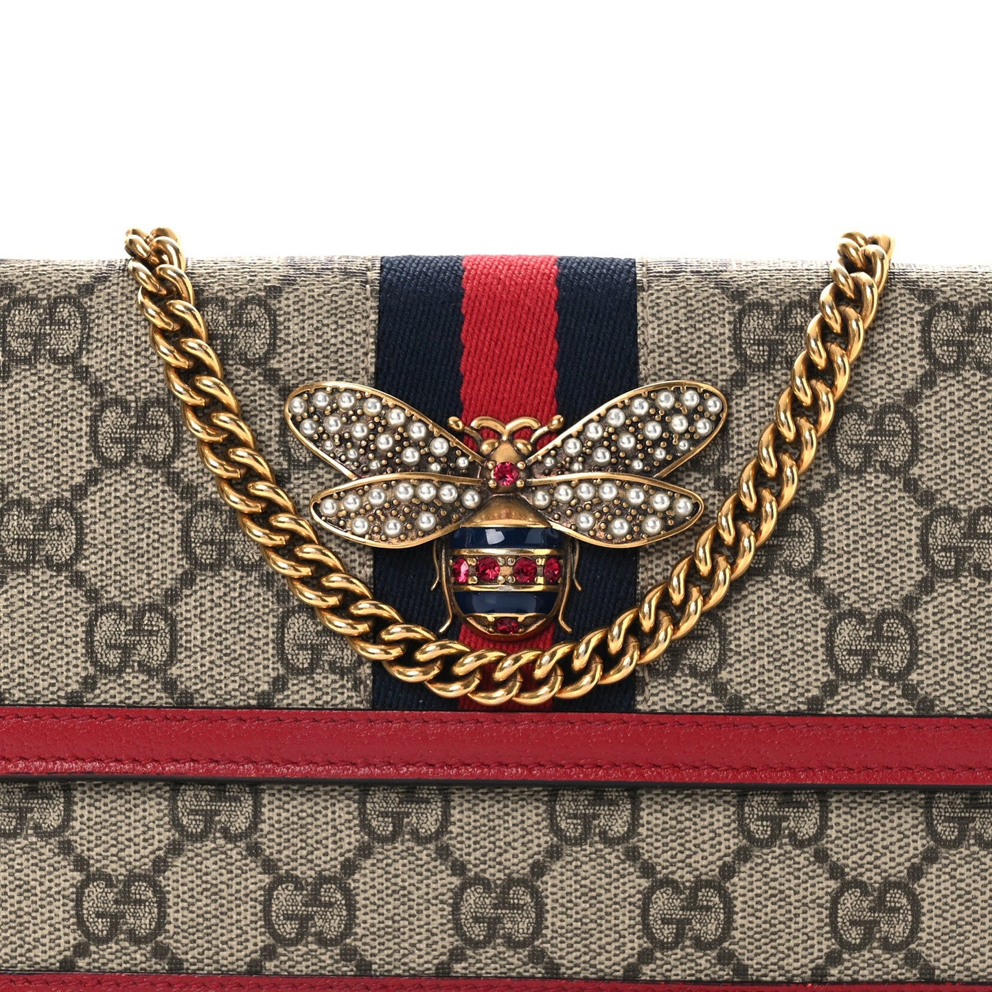 Gucci GG Supreme Monogram Web Queen Margaret Chain Wallet Red