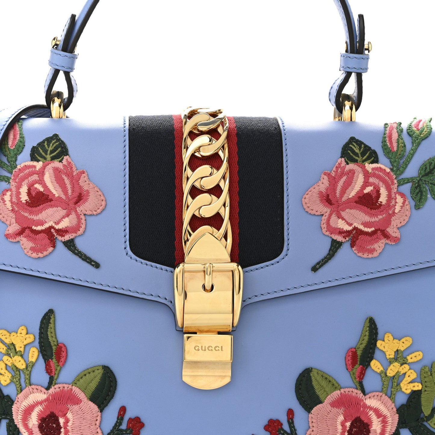 Gucci Calfskin Embroidered Medium Sylvie Top Handle Bag Clear Sky Blue