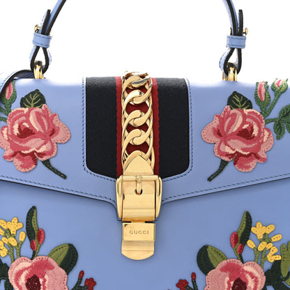Gucci Calfskin Embroidered Medium Sylvie Top Handle Bag Clear Sky Blue