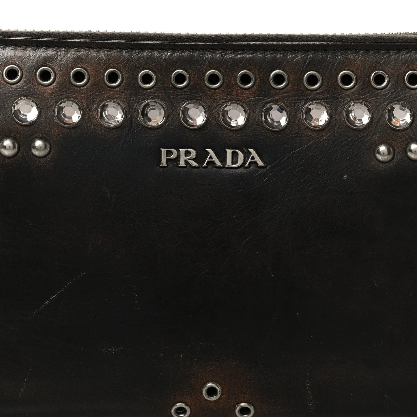 Prada Aged Calfskin Grommet Crystal Studded Zip Around Wallet Ebano