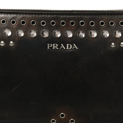 Prada Aged Calfskin Grommet Crystal Studded Zip Around Wallet Ebano