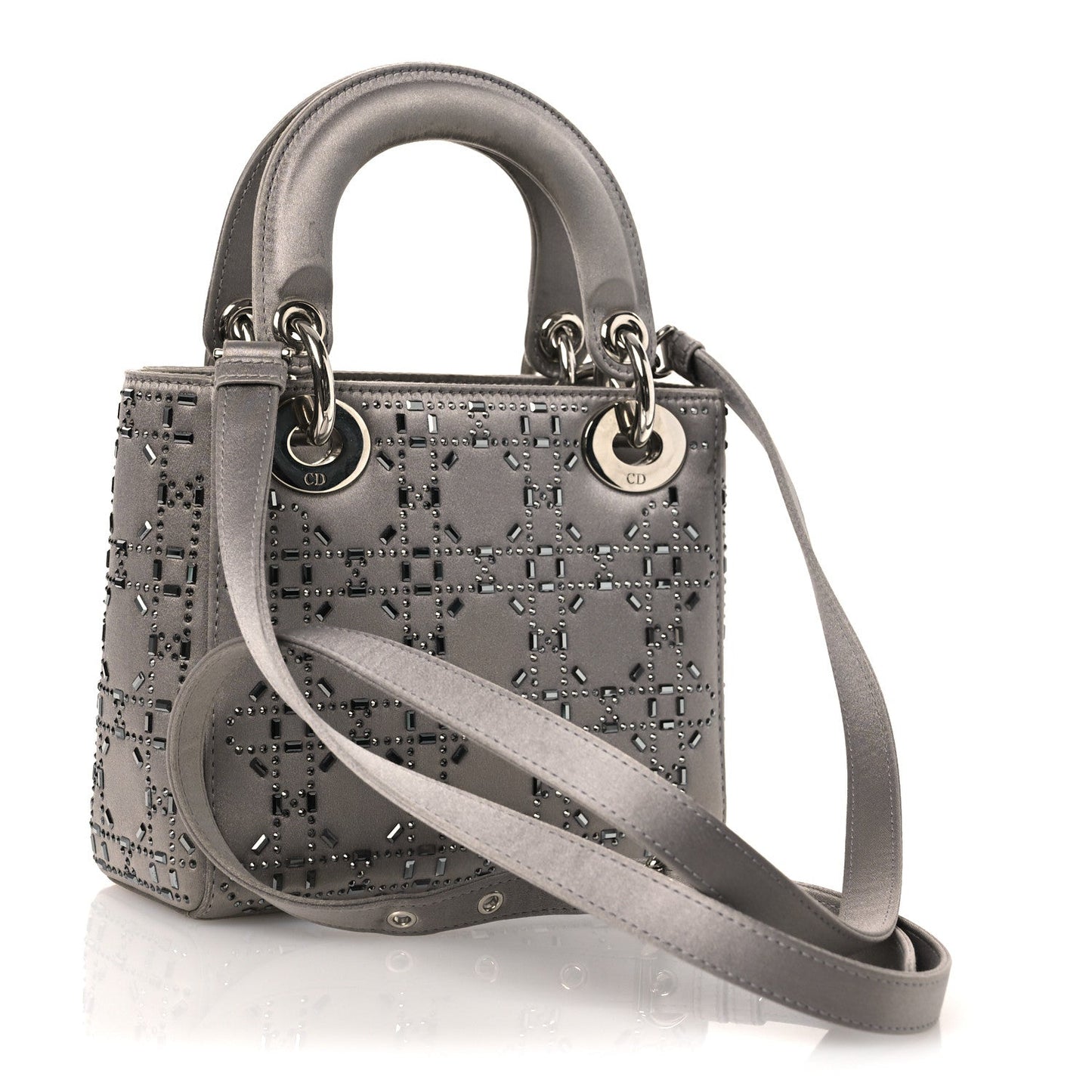 Christian Dior Satin Crystal Cannage Mini Lady Dior Gray