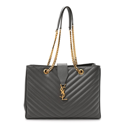 Saint Laurent Grain De Poudre Matelasse Chevron Monogram Shopping Bag Fog