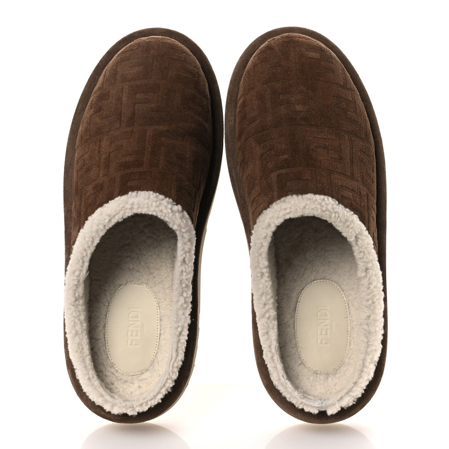 Fendi Suede Shearling FF Embossed Mens Sabot Mules 39 Brown