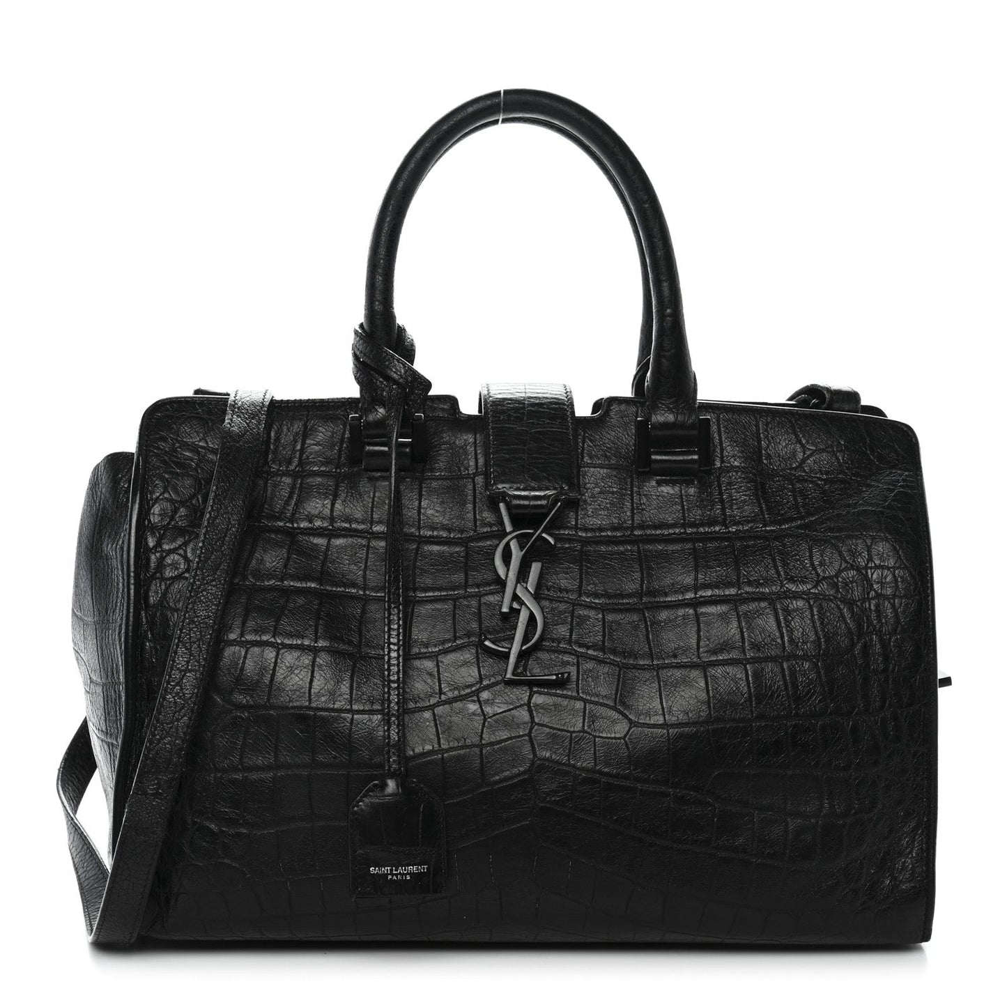 Saint Laurent Calfskin Crocodile Embossed Small Monogram Cabas Black