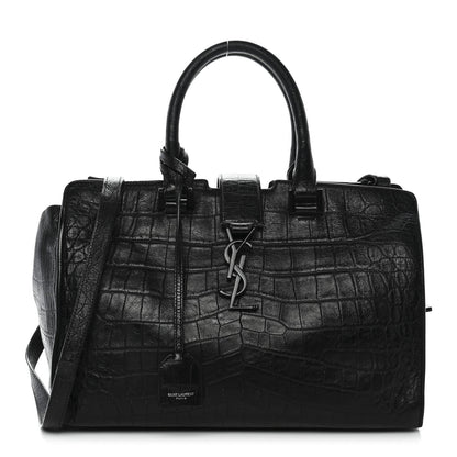 Saint Laurent Calfskin Crocodile Embossed Small Monogram Cabas Black