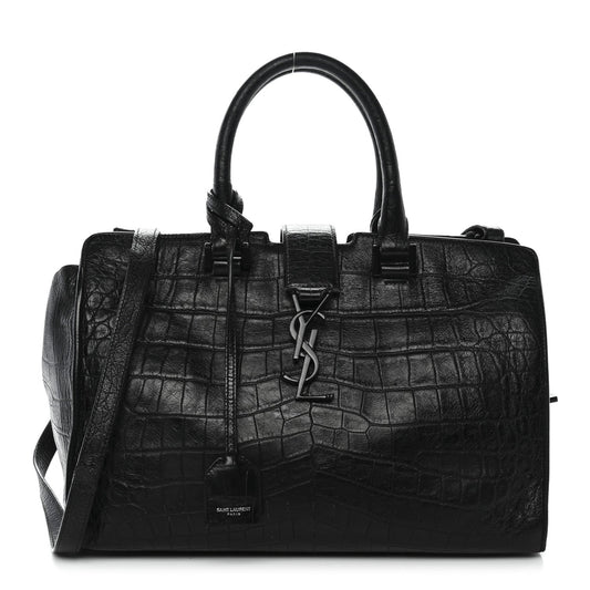 Saint Laurent Calfskin Crocodile Embossed Small Monogram Cabas Black