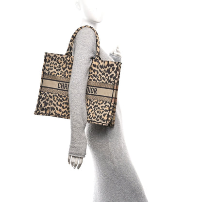 Christian Dior Canvas Mizza Embroidered Large Leopard Book Tote Beige