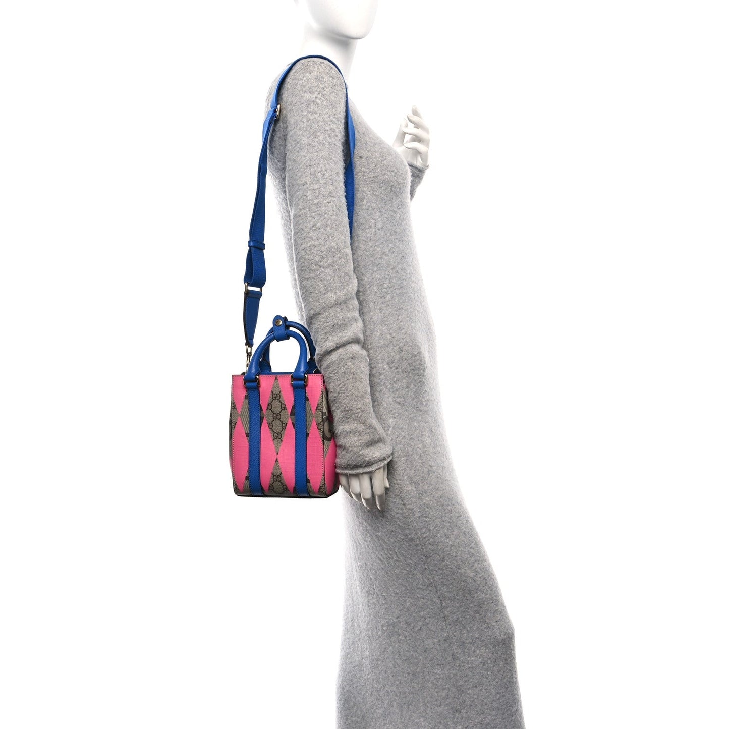 Gucci GG Supreme Monogram Textured Dollar Calfskin Rhombus Mini Tote Bag Beige Ebony Pink Blue