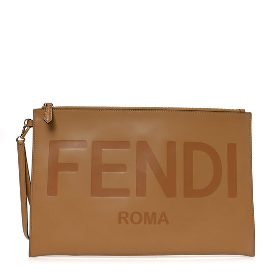 Fendi Vitello King Logo Embossed Large Flat Pouch Miele Scuro