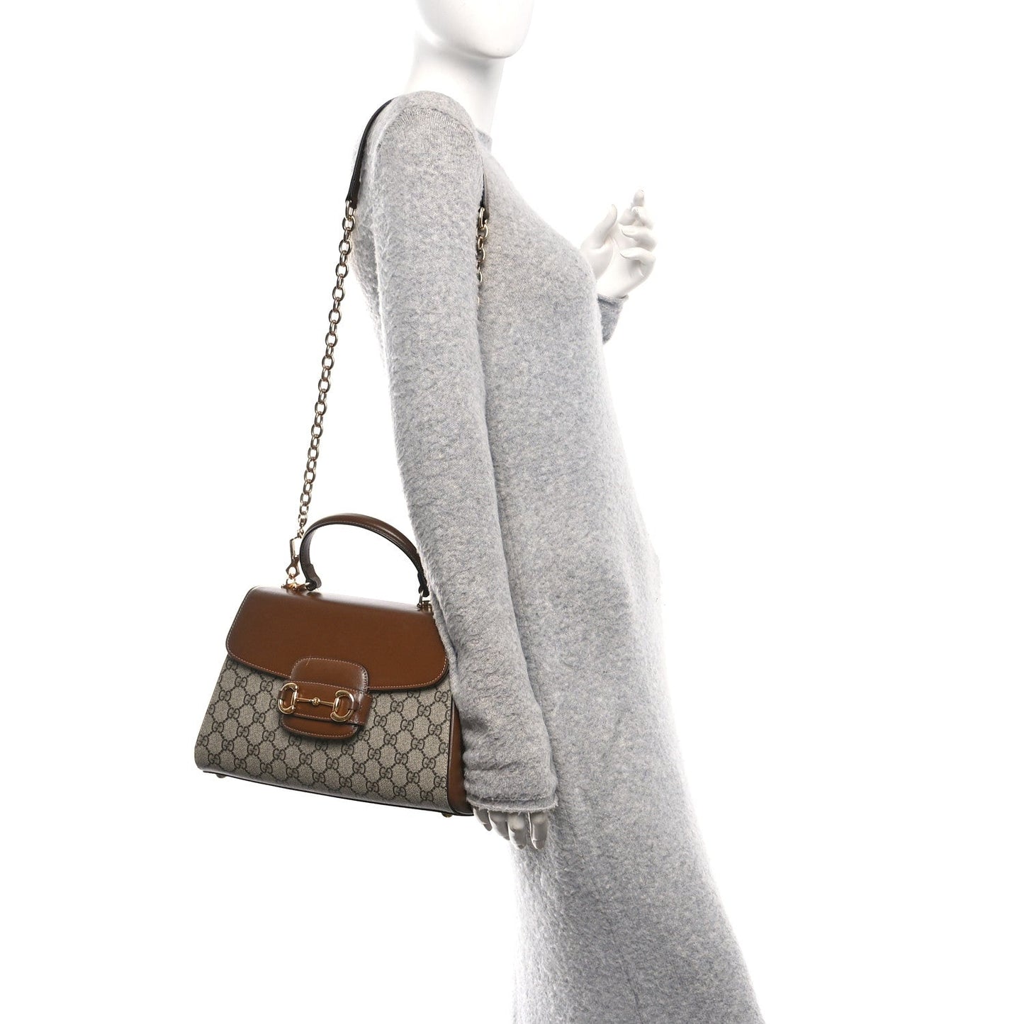 Gucci GG Supreme Monogram Calfskin Medium Horsebit 1955 Top Handle Bag Beige Ebony Brown Sugar