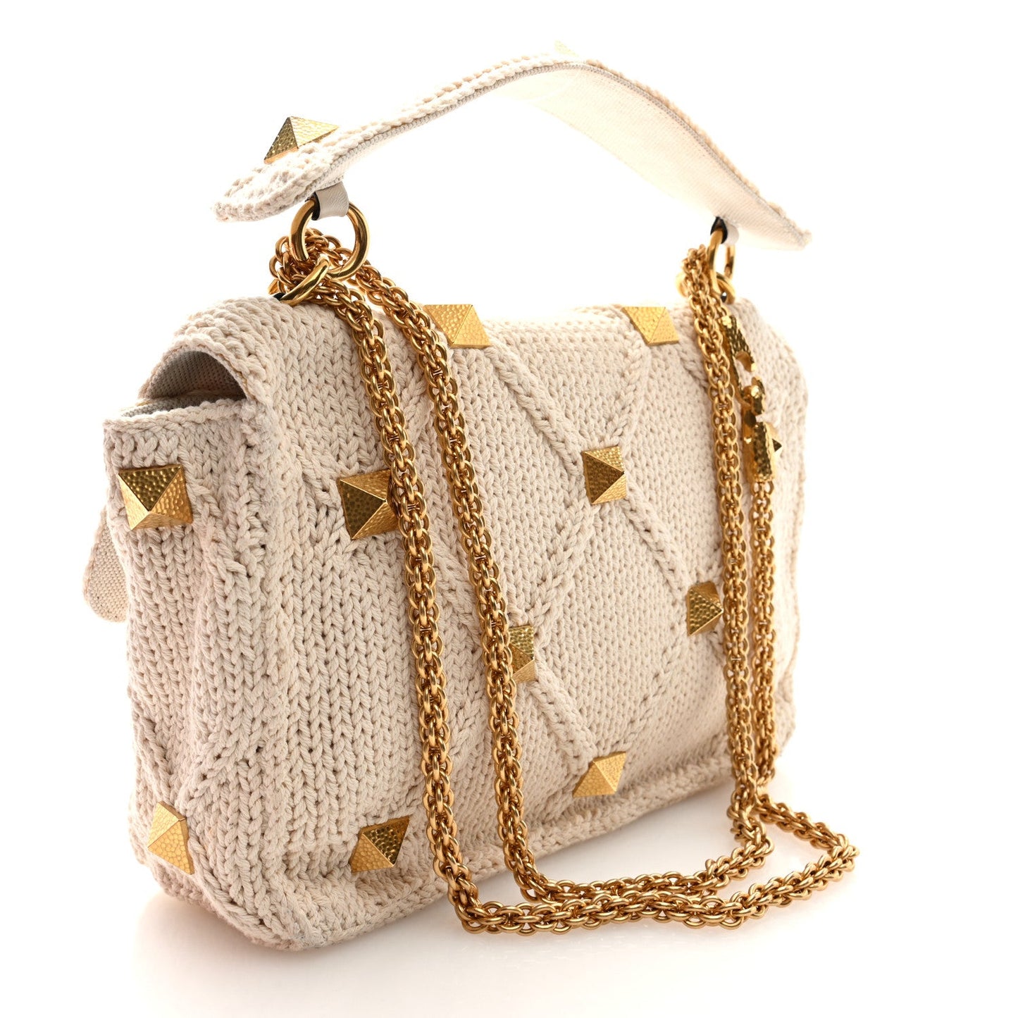 Valentino Garavani Knit Large Roman Stud Shoulder Bag Ecru