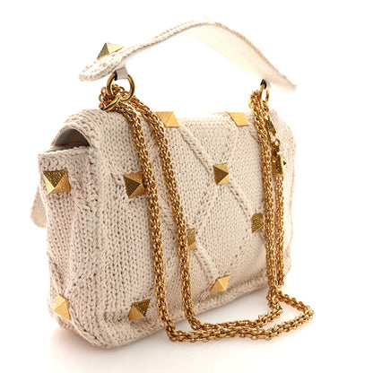 Valentino Garavani Knit Large Roman Stud Shoulder Bag Ecru