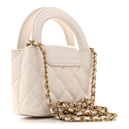 Chanel Shiny Aged Calfskin Quilted Mini Nano Kelly Shopper White
