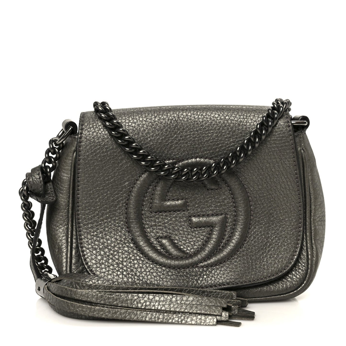Gucci Metallic Pebbled Calfskin Small Soho Flap Crossbody Sasso