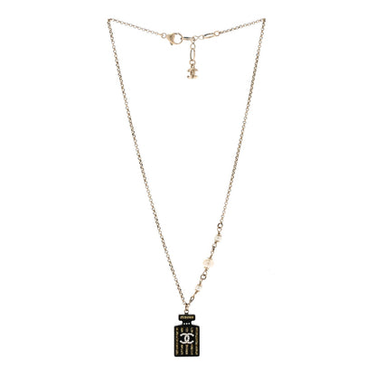Chanel Resin Strass Pearl Perfume Bottle CC Necklace Black Gold