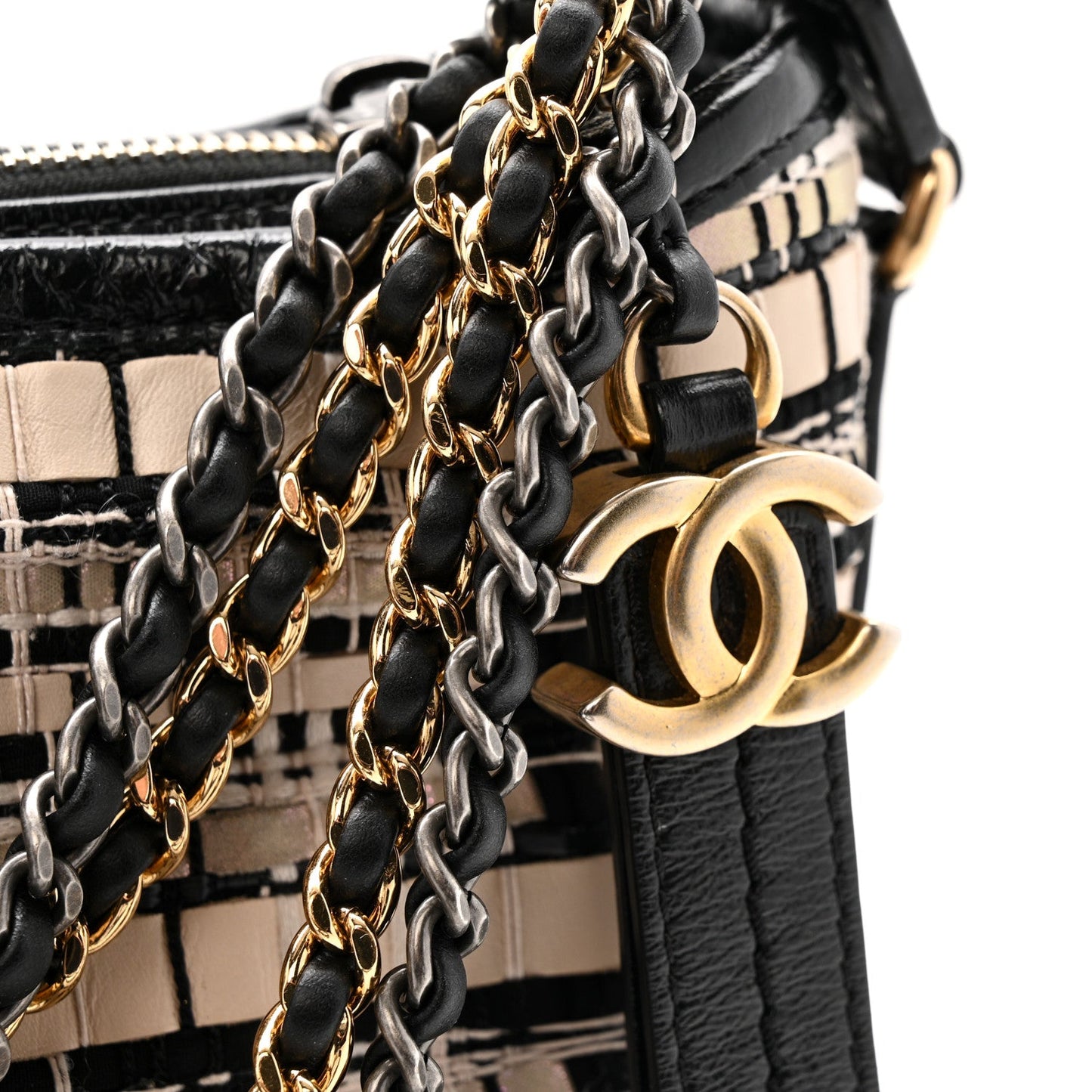 Chanel Tweed Calfskin Calfskin Small Gabrielle Hobo Black Light Beige