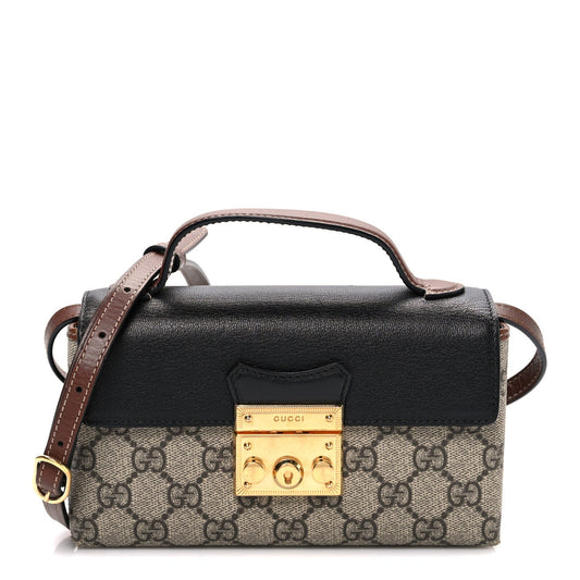 Gucci GG Supreme Monogram Calfskin Mini Padlock Top Handle Shoulder Bag Beige Black Cuir