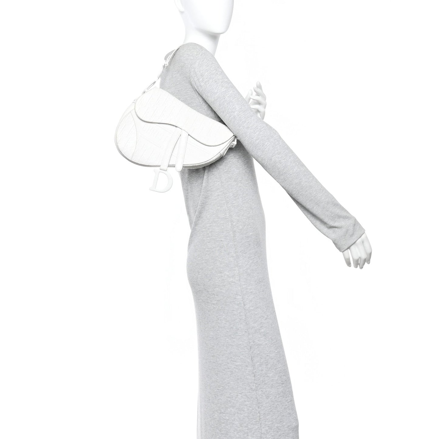 Christian Dior Calfskin Embossed Oblique Saddle Bag White