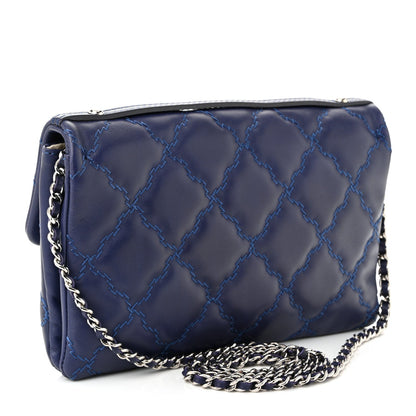 Chanel Calfskin Quilted Double Stitch Hamptons Clutch with Chain Blue